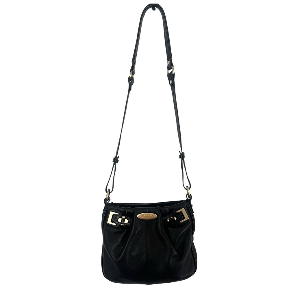 Brahmin Black Leather Shoulder Bag Crocodile Embossed Accents Gold Tone Hardware - Picture 4 of 10